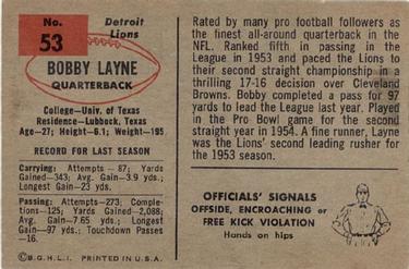 1954 Bowman #53 Bobby Layne Back