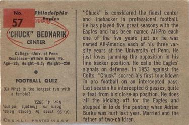 1954 Bowman #57 Chuck Bednarik Back