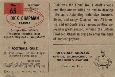 1954 Bowman #65 Dick Chapman Back