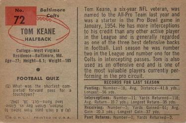 1954 Bowman #72 Tom Keane Back