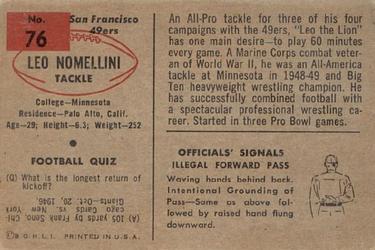 1954 Bowman #76 Leo Nomellini Back