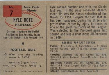 1954 Bowman #7 Kyle Rote Back