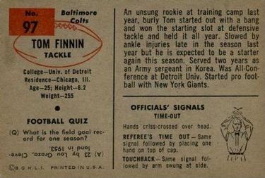 1954 Bowman #97 Tom Finnin Back