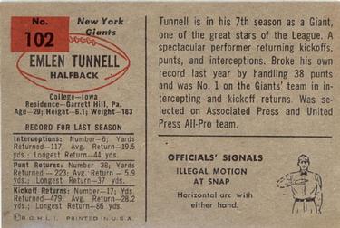 1954 Bowman #102 Emlen Tunnell Back