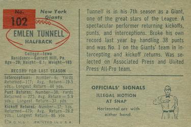 1954 Bowman #102 Emlen Tunnell Back