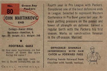 1954 Bowman #80 John Martinkovic Back
