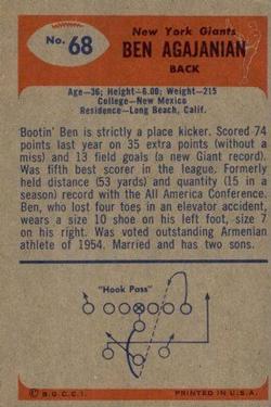 1955 Bowman #68 Ben Agajanian Back