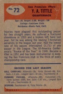 1955 Bowman #72 Y.A. Tittle Back