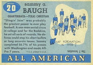 1955 Topps All-American #20 Sammy Baugh Back