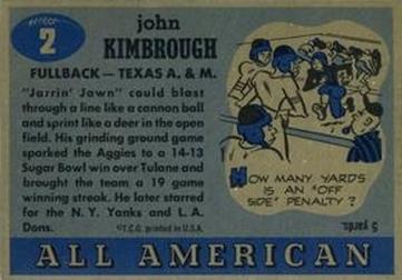 1955 Topps All-American #2 John Kimbrough Back