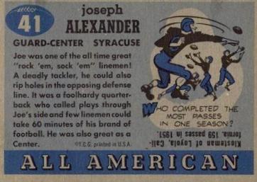 1955 Topps All-American #41 Joe Alexander Back