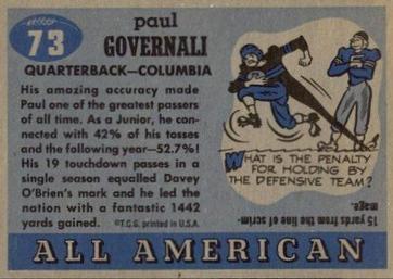 1955 Topps All-American #73 Paul Governali Back