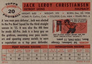 1956 Topps #20 Jack Christiansen Back