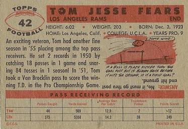 1956 Topps #42 Tom Fears Back