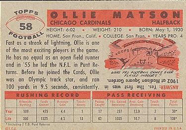1956 Topps #58 Ollie Matson Back