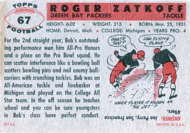 1956 Topps #67 Roger Zatkoff Back