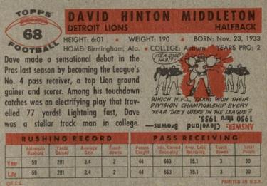 1956 Topps #68 Dave Middleton Back