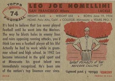 1956 Topps #74 Leo Nomellini Back
