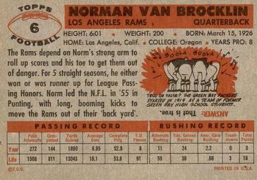 1956 Topps #6 Norm Van Brocklin Back