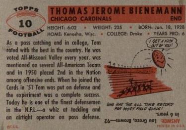 1956 Topps #10 Tom Bienemann Back