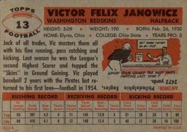 1956 Topps #13 Vic Janowicz Back