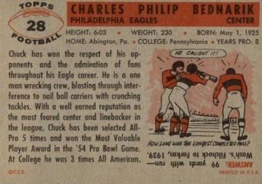 1956 Topps #28 Chuck Bednarik Back