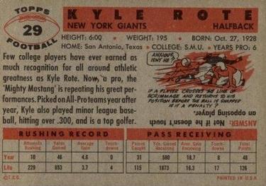 1956 Topps #29 Kyle Rote Back