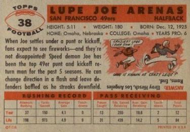 1956 Topps #38 Joe Arenas Back