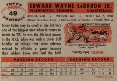 1956 Topps #49 Eddie LeBaron Back