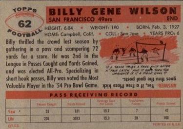 1956 Topps #62 Billy Wilson Back