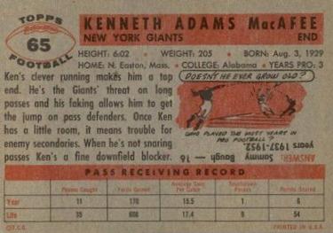 1956 Topps #65 Ken MacAfee Back