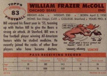 1956 Topps #83 Bill McColl Back