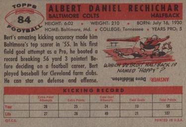 1956 Topps #84 Bert Rechichar Back