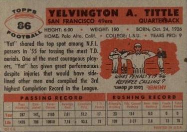 1956 Topps #86 Y.A. Tittle Back
