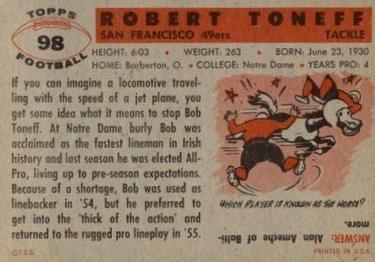 1956 Topps #98 Bob Toneff Back