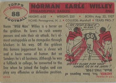 1956 Topps #88 Norm Willey Back