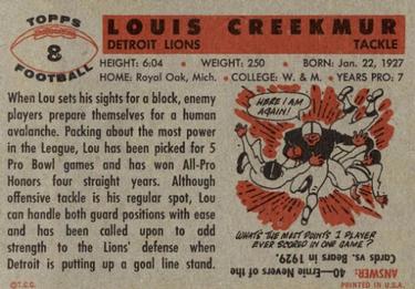 1956 Topps #8 Lou Creekmur Back