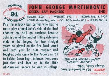1956 Topps #91 John Martinkovic Back