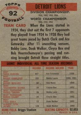1956 Topps #92 Detroit Lions Back