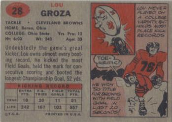 1957 Topps #28 Lou Groza Back