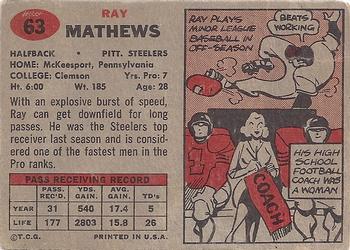 1957 Topps #63 Ray Mathews Back
