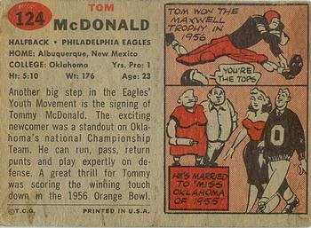 1957 Topps #124 Tommy McDonald Back