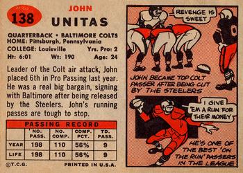 1957 Topps #138 John Unitas Back