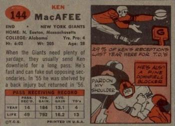1957 Topps #144 Ken MacAfee Back