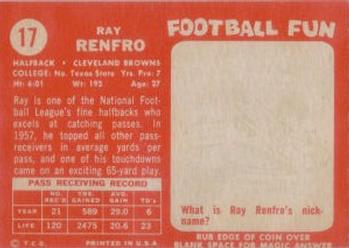 1958 Topps #17 Ray Renfro Back