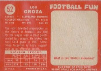 1958 Topps #52 Lou Groza Back