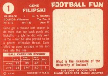 1958 Topps #1 Gene Filipski Back