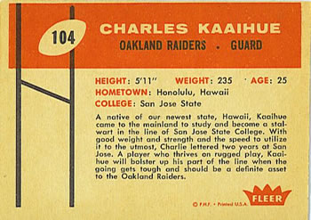 1960 Fleer #104 Charlie Kaaihue Back