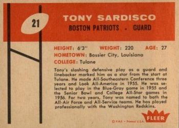 1960 Fleer #21 Tony Sardisco Back