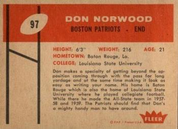 1960 Fleer #97 Don Norwood Back